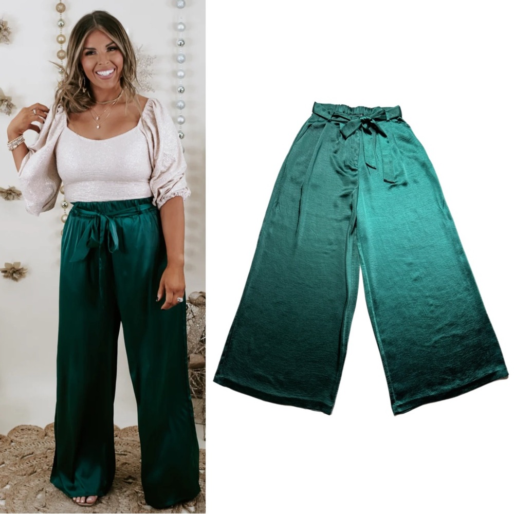 MINKPINK Freedom‎ Lover Emerald Green Satin Wide Leg Pants S